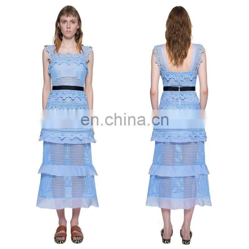 Long dress hollow out light blue sleeveless casual dress for women dresses