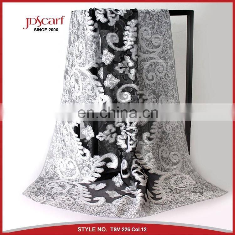 Super quality burnout flower pattern silky viscose shawl scarf