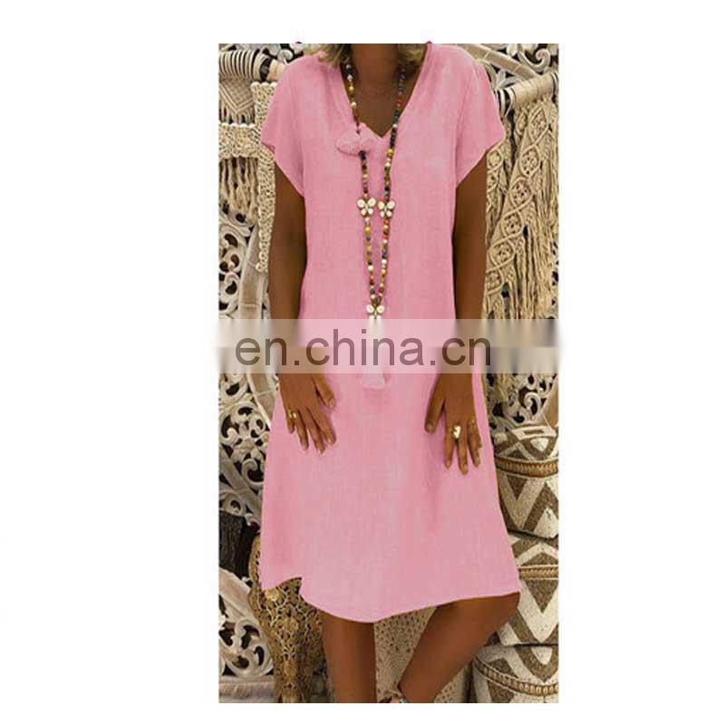 Custom LOGO Women Summer T-shirt Dresses Casual Loose Swing Flare Short Sleeve Beach V-neck Plus Size Tank Tops Dress S-5XL