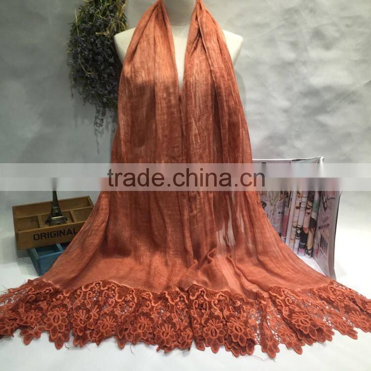 High Grade Newest Embroidery Lace Brim Plain Cotton Linen Muslim Long Scarf