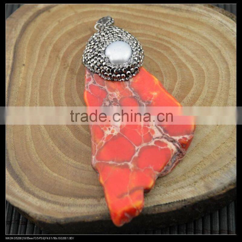 LFD-0035P ~ Wholesale Druzy Turquoise Slice Stone with Pearl Pave Rhinestone Charms Pendants For Necklace