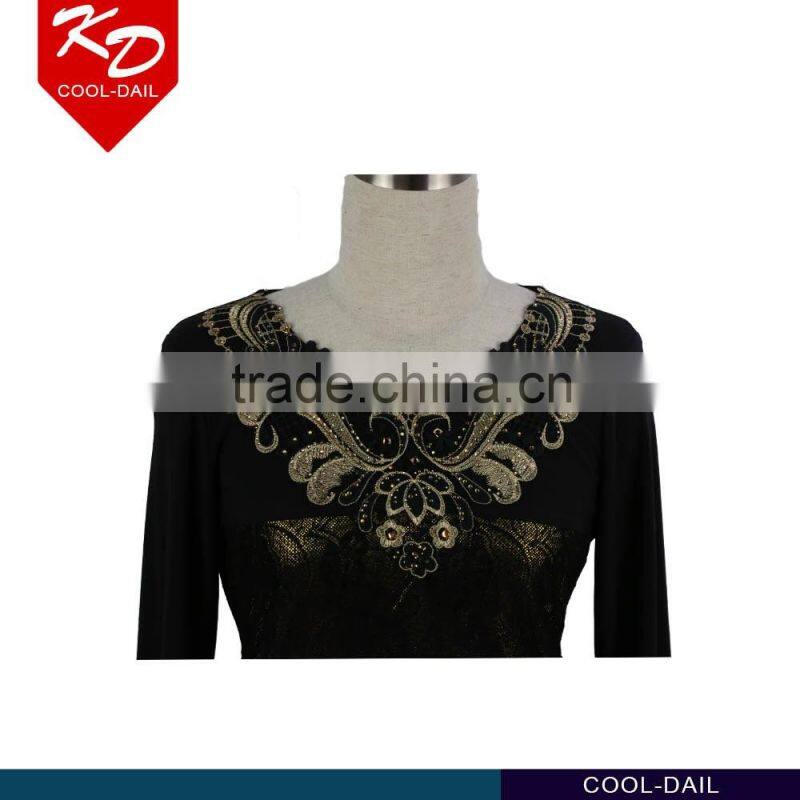 latest new design fashion scoop neck unique studded pattern tiered stud front pleating women dress