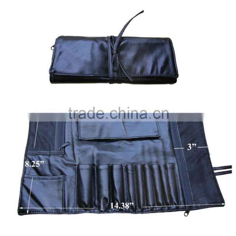 Beauty Travel Black Faux Leather Makeup Brush Case Bag Holder Roll Pouch Tool