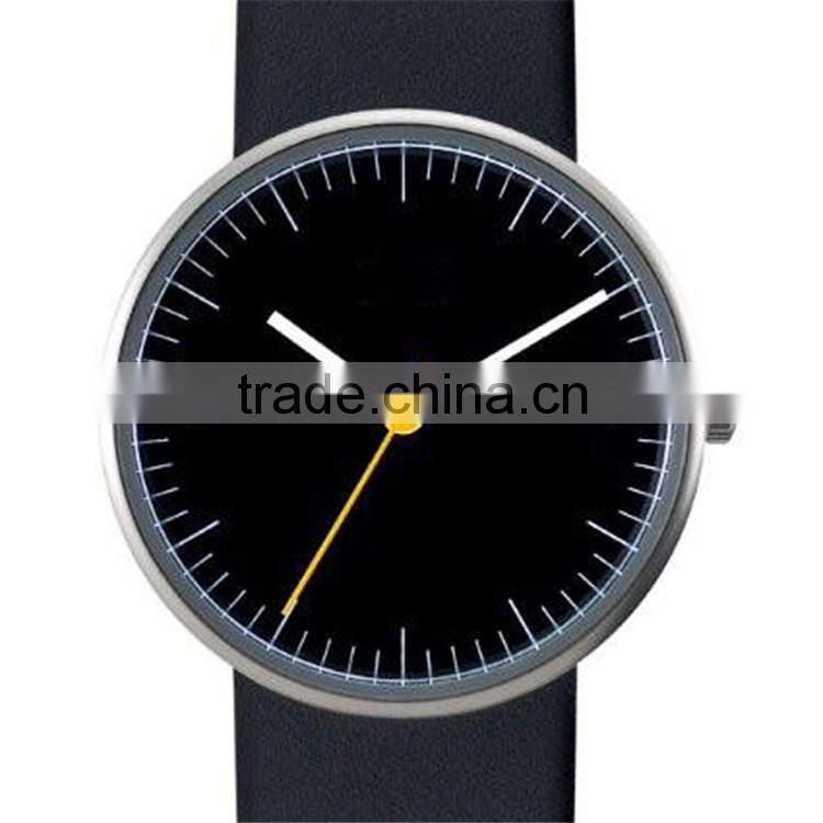 Newest watch design stainless steel case leather band yellow ticker black watch