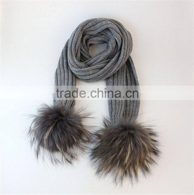 RRSC001D Genuine raccoon fur pompom scarf New winter thick White acrylic warm striped knitted scarves wool shawl