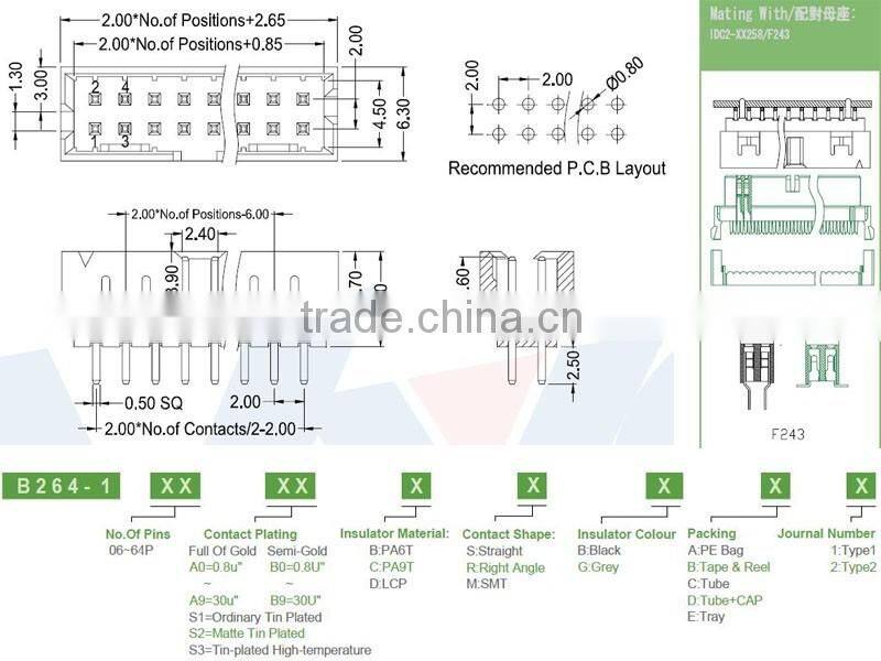 China supplier 2.0mm pitch two rows Molex straight box header
