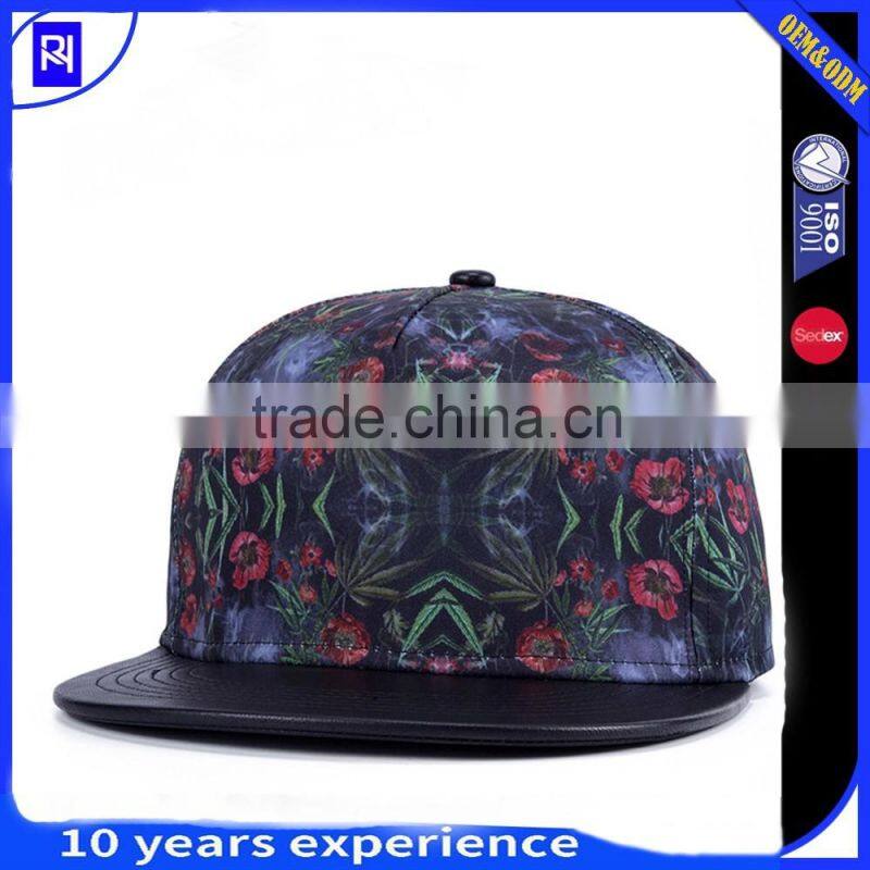 New fashion Digital printing pattern fabric 5 panel snapback hats with leather brim