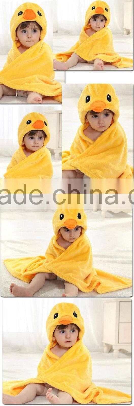 cartoon flannel yellow duck hooded baby bath towel wrap