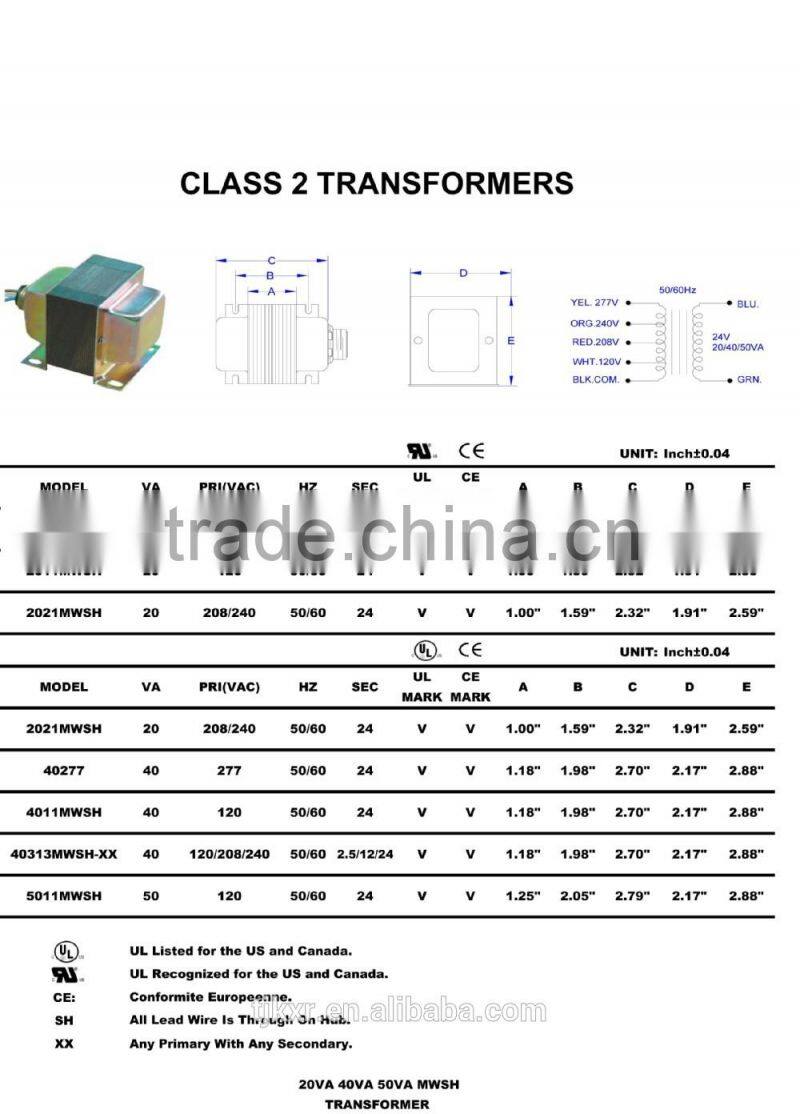 2014 power transformer ul listed, with 20VA, 40VA, 50VA, 65VA, 75VA, 100VA