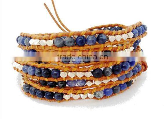 Blue Lapis Wrap Bracelet on Natural brown Leather with Silver tone nugget beads