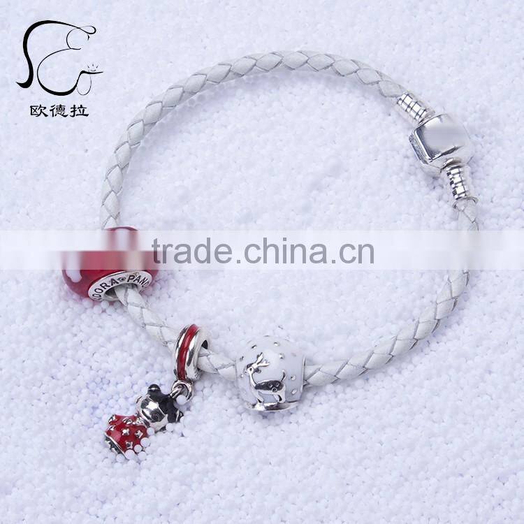 EULNY Wholesale 925 Sterling Silver slasp Chinese new year 3mm Leather bracelet