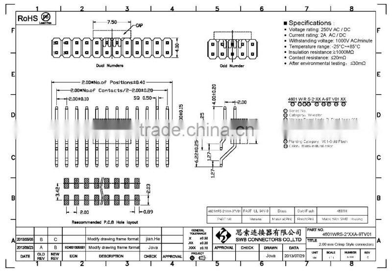 2.00mm Pitch WTB Pin Male Header Connectors