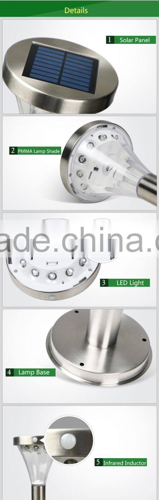 Outdoor Waterproof Stainless Steel PMMA Garden Lamp Sensor LED Solar Lawn Light