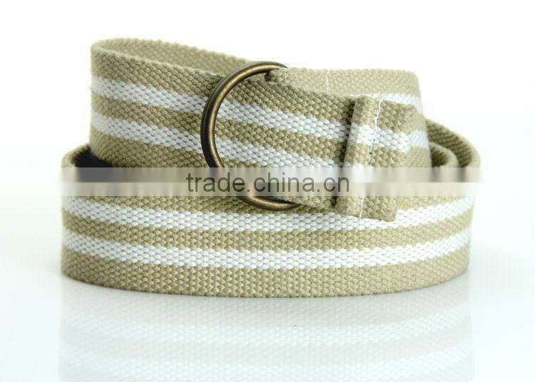 Casual Beige&White Striped Polyester Canvas Belt with D-ring for Boys and Girls