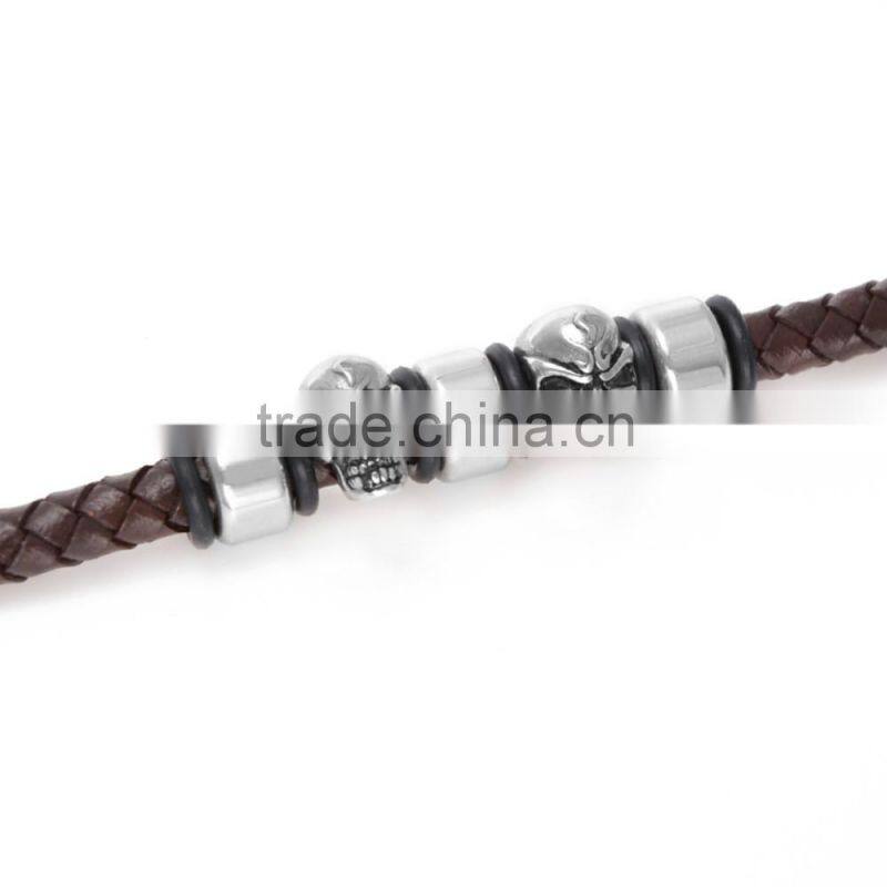 High Quality Brown Braided Leather Bracelace for Men Magnetic Clasp Leather bangle rope with skull