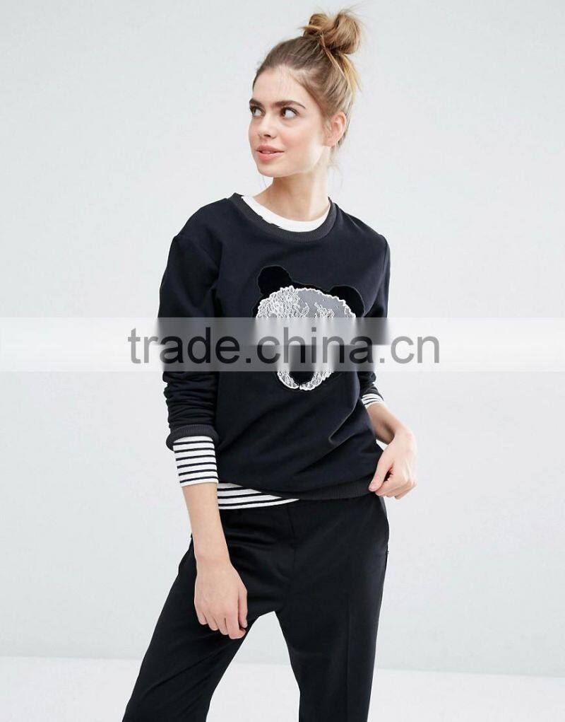 high quality with stripe on the right hem women 100% cotton blcak casual panda hoodies