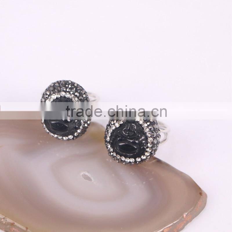 High Quality Sterling Silver 925 Black Druzy Stone Ring, Pave Crystal Jewery Carving Obsidian Buddha Ring