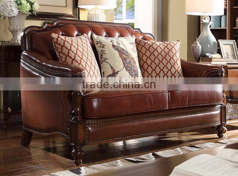 American classic concise solid wood hand carved living room furniture genuine leather 1+2+3 sofa set