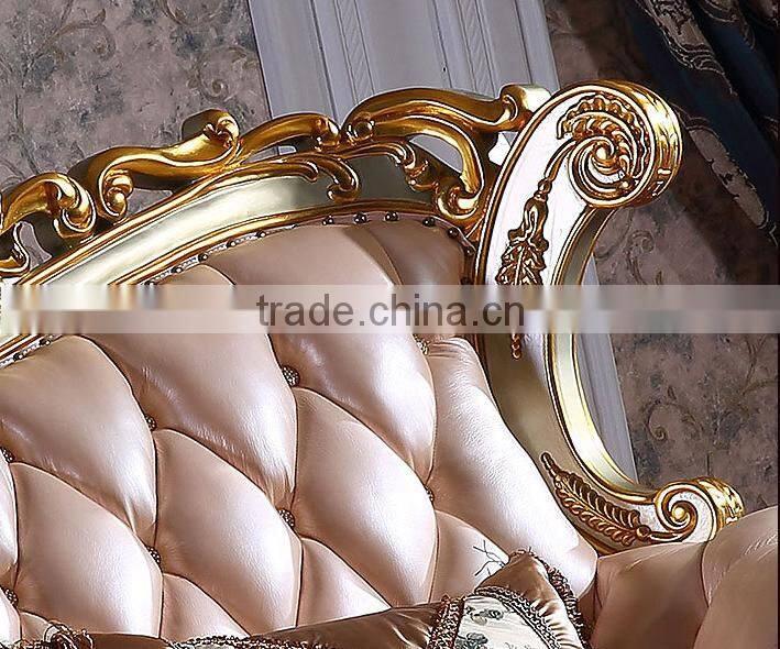 Luxury palace noble living room furniture solid wood hand carved genuine leather sofa set