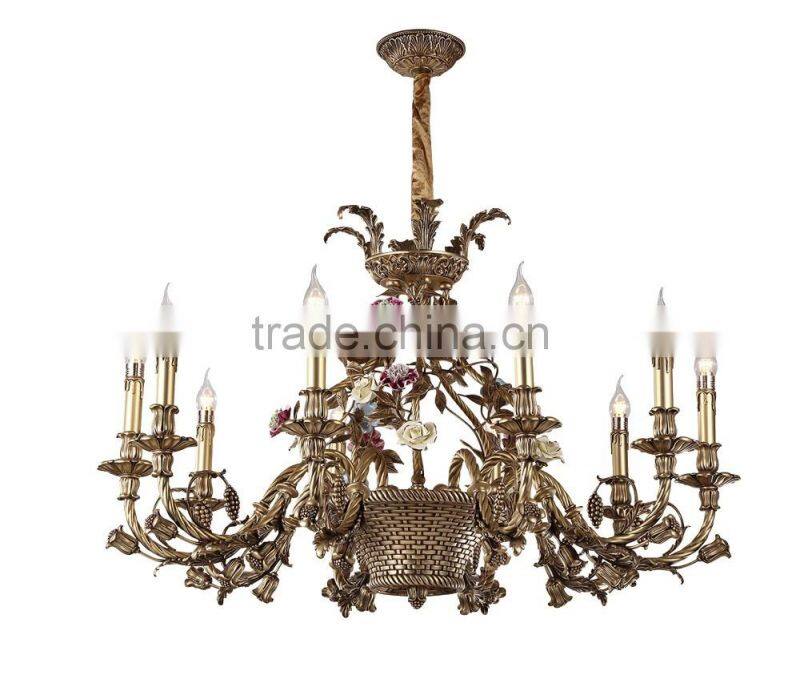 Golden Brass Rococo Style 10 Lights Chandelier/ Retro Gorgeous Bronze Pendant Lamp/ Antique Hotel Ceiling Lamp