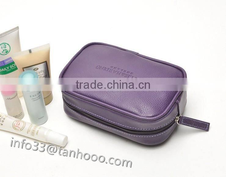 hot sell fashion ladies beautyful genuine leather make up bag with zipper