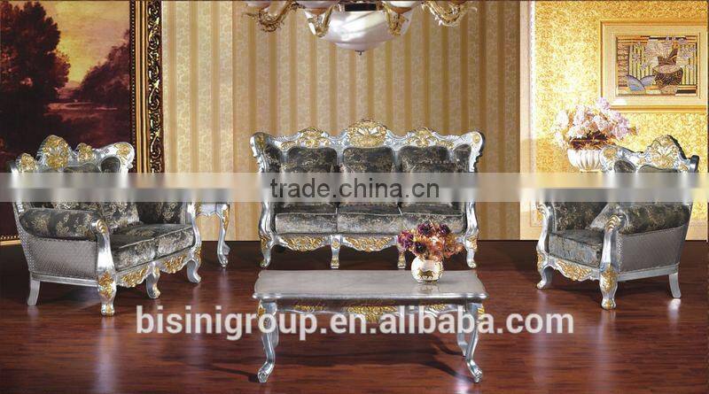 European Delicate Silver-foiled Wood Carved Sectional Sofa Set, Living Room Exquisite Fabric Sofa