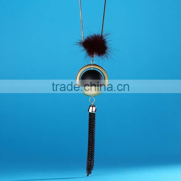 red bead gold hoop pendant long chain necklace black chain tassel necklace pompon necklace