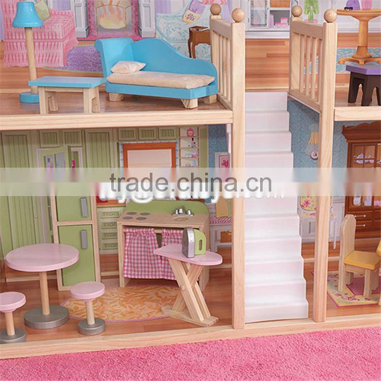 New design luxurious and attractive 34 furniture pieces girls wooden doll house toys W06A217