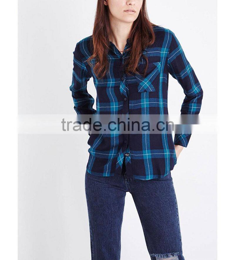 Wholesale Women Collar Long Sleeves Buttoned Cuffs Hunter Checked Shirt(DQE0152T)