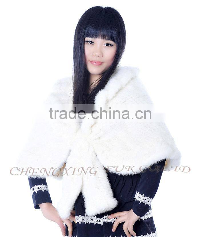 CX-B-M-60D Fashion Wholesale Knitted Mink Fur With Rosette Lady Fur Shawl