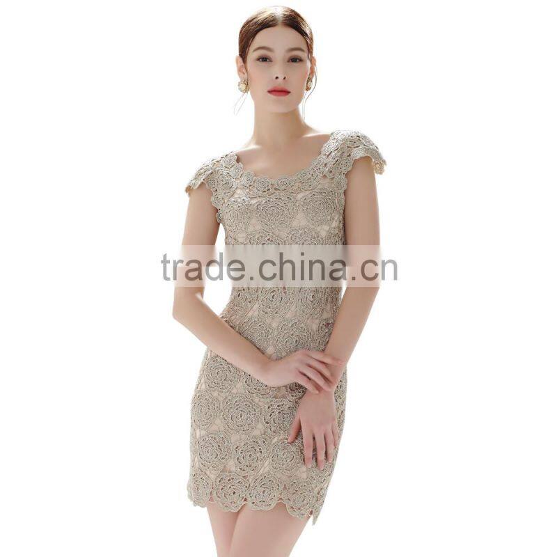 Short Sleeve Flower Cut-out Metallic Effect Ladies Slim Body Crochet Dress SR- D782