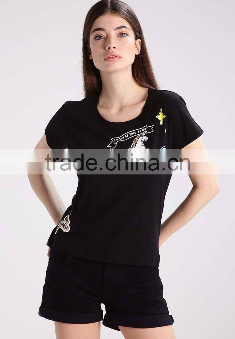 MGOO Hot Sale Low Cut Black T-shirts Fitness Screen Print Short Sleeve T-shirt For Women