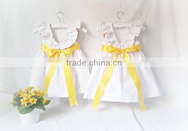 White Dress Girls Frocks Ruffle Sleeve High Waist Ribbon Summer Children Clothes
