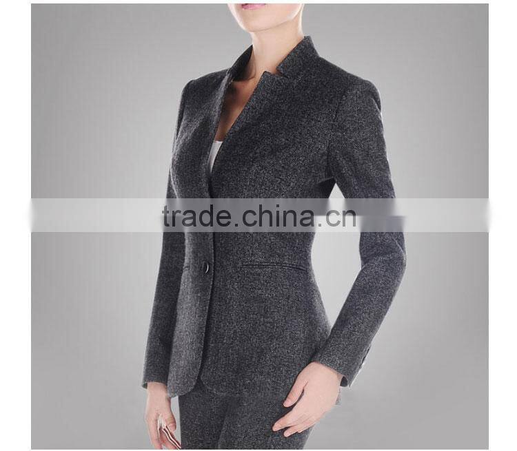 Custom Gery Fashion Blazer Of Ladies Two Button Mandarin Collar Suit