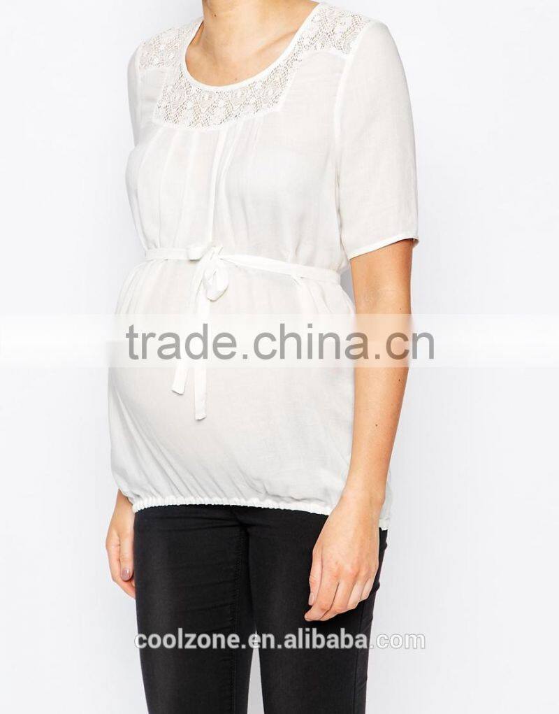 Elegant semi-sheer pleated lace detail maternity wear wholesale tank top