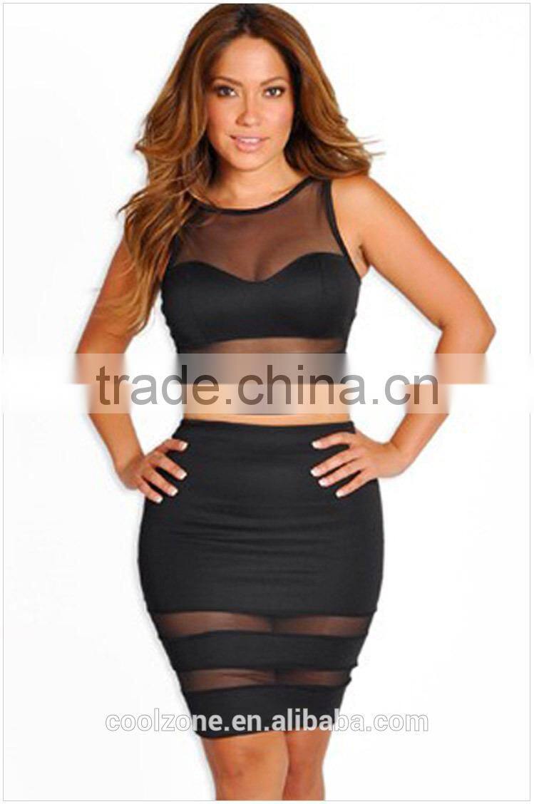 Sleeveless o-neck lace panel hip two piece women plus size dress wholesale