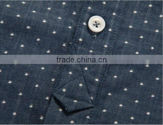 latest blue 100% cotton cowboy/jeanet long sleeve casual shirts for men with dots and spread collar
