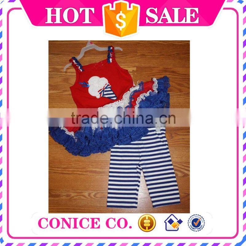 factory directly sale summer 2 piece sleeveless swing top & pants child cloths kids wear for 4th of july