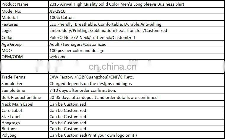 2016 Arrival High Quality Solid Color Men's Long Sleeve Business Shirt