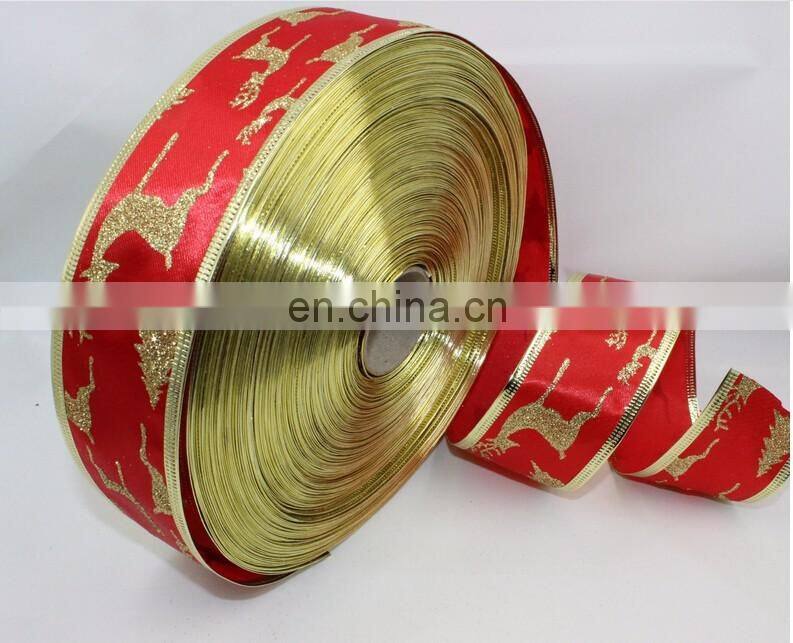 Red Ribbon With Glitter Deer And Tree Printed Grosgrain and Satin Ribbon Christmas Decoration DIY Handmade Materials