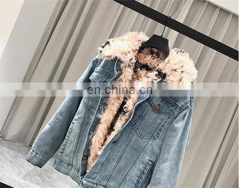 Fashion Wholesale Real Fur Lining Denim Jacket Women Lamb Fur Coat