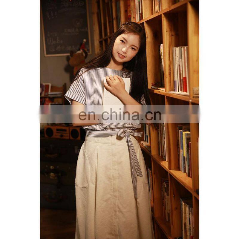 Blue Stripes O-Neck 100% Cotton Elegant Lady's Shirt With Belt