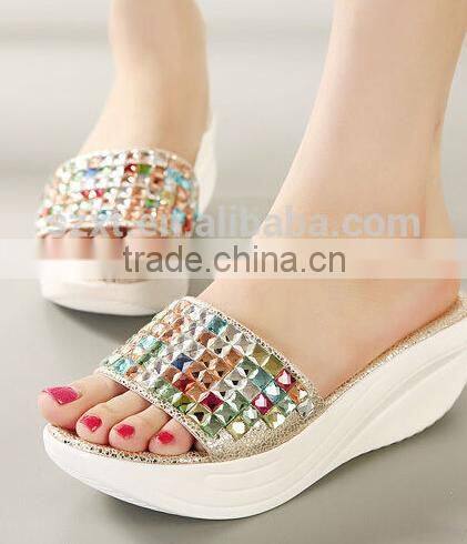 Shiny crystal women fashion wedge heel shoes chunky heel shoe for girl