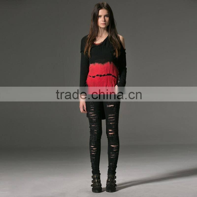 PT-042 black and red color V-neck one shoulder high-low hemline T-shirt