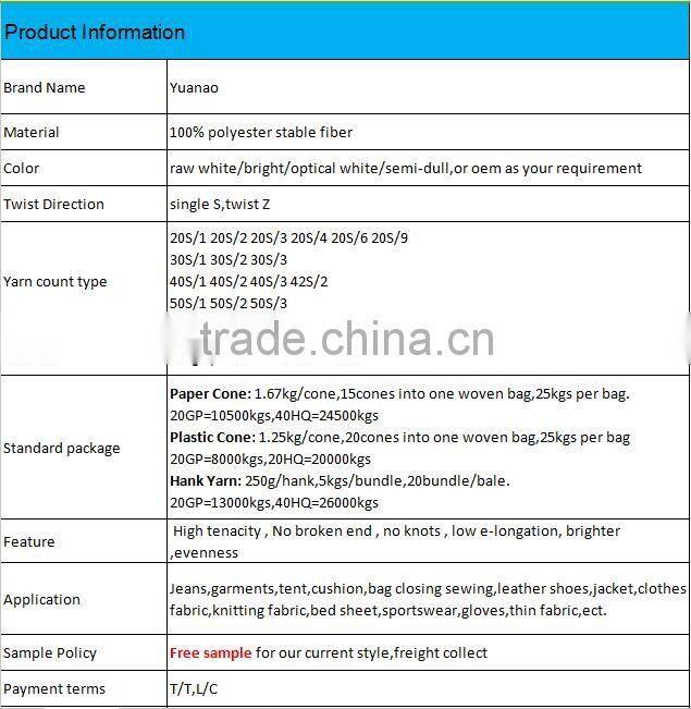 Ring Spun Hanks Raw Whellote Polyester Yarns