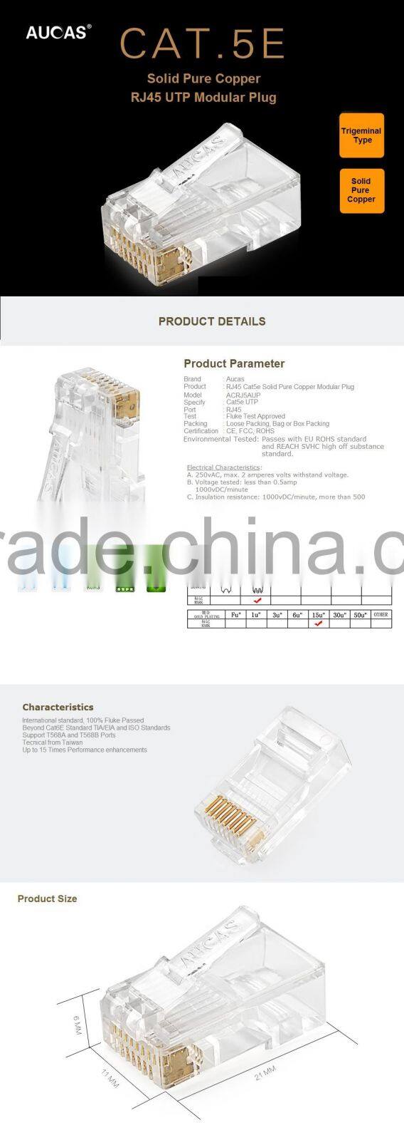 High Quality Cat5e Cat6 Cat7 RJ45 Connector For Stranded Solid Network Cable 8P8C Gold Plated RJ45
