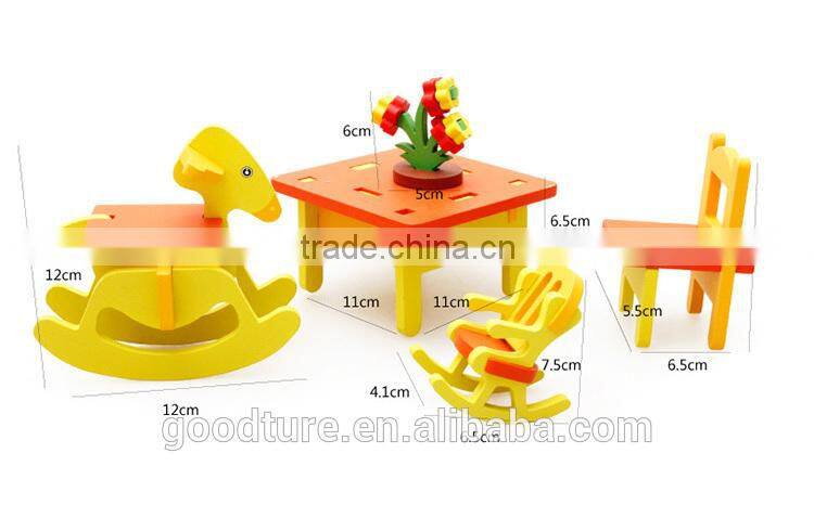 3D Assembling Mini Furniture Rocking Horse Rocking Chair And Table Set For Kindergarten Wooden Toy