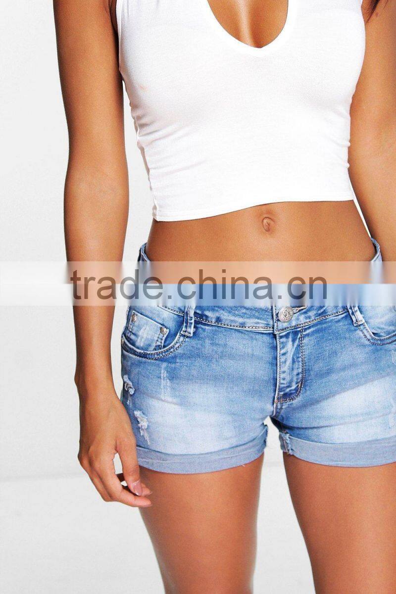 Wholesale custom women apparel denim shorts wash denim hotpants