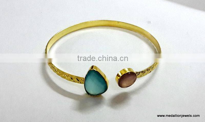 Labradorite Cushion Brass Gold Plated Bangles, Brass Gemstone Bangle, Fashionable Gemstone Bangle