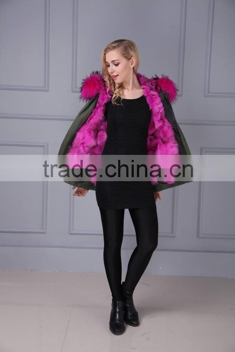 Women Detachable Raccoon Fur Collar Lined Fox Fur Hooded Parka
